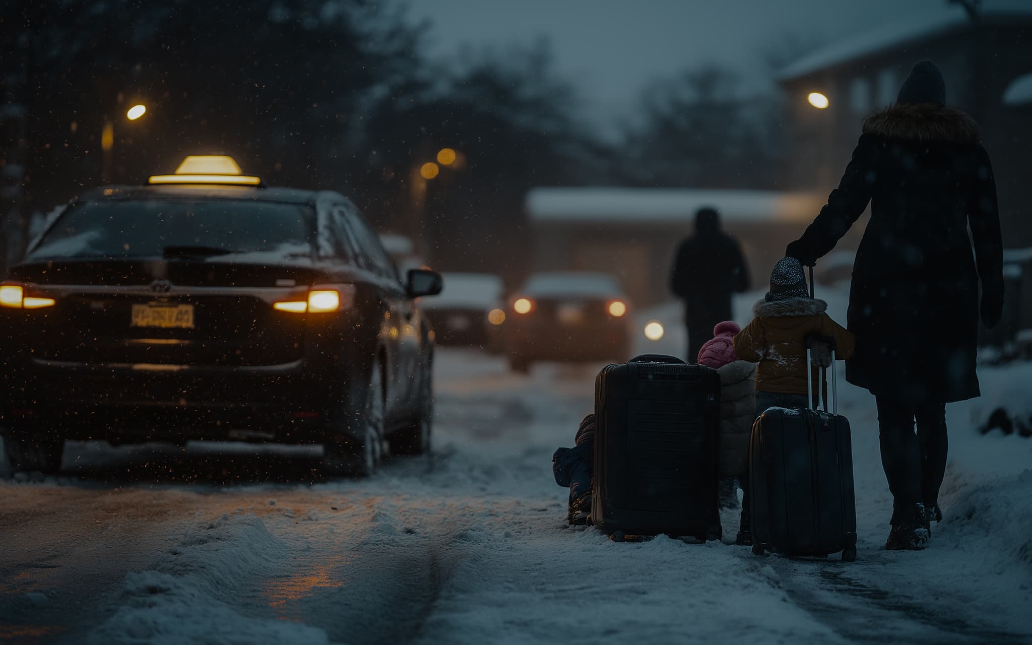 Taxi in snowy evening