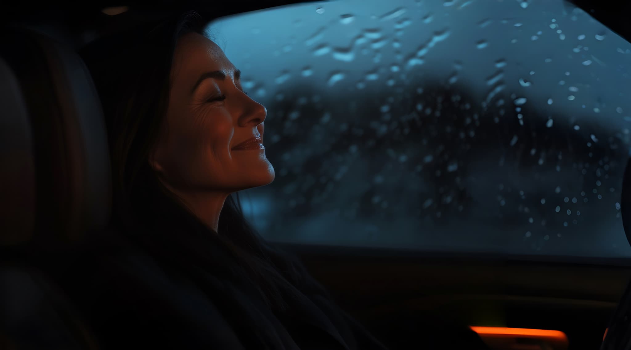 Woman in car with raindrops